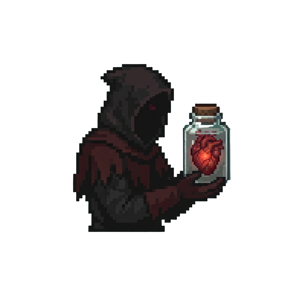 A Shadowy Apothecary Holding a Pulsating Preserved Heart
