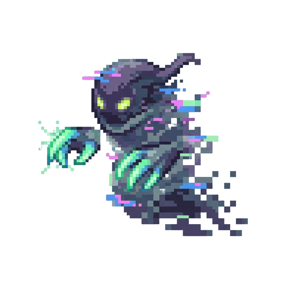 A Glitching Pixel-fog Wraith with Glowing Neon Claws