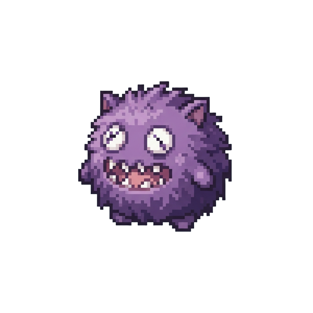 A Toothy Purple Puffball Beast Crossing Its Eyes