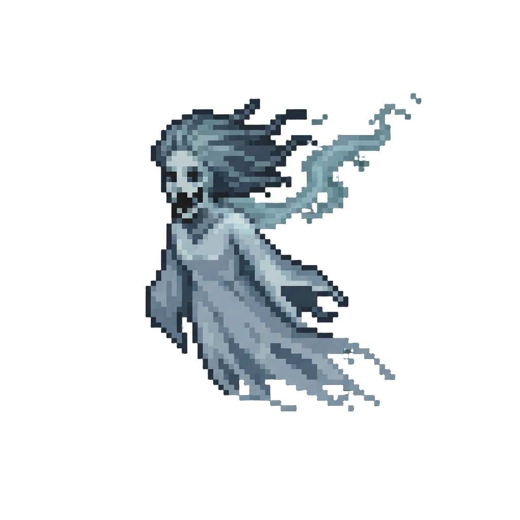 A Floating Phantom Maiden with Hollow Eyes and Torn Jaw Screaming Mist