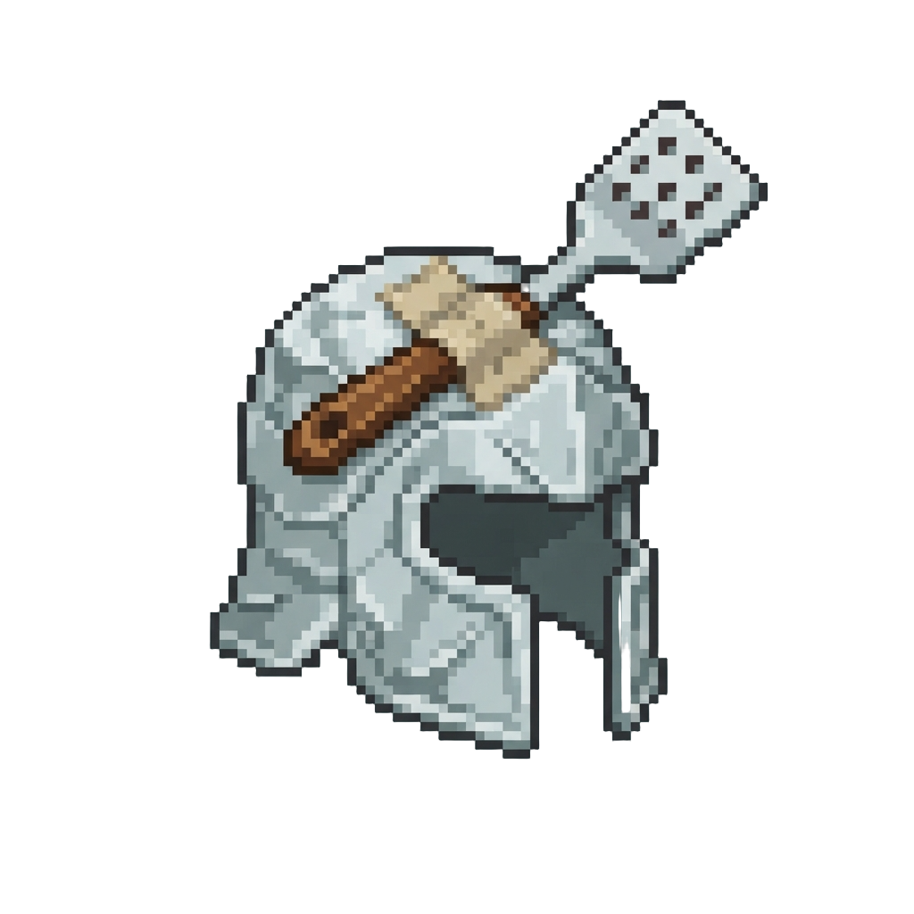 An Oversized Tin Foil Helmet with a Taped-on Kitchen Spatula
