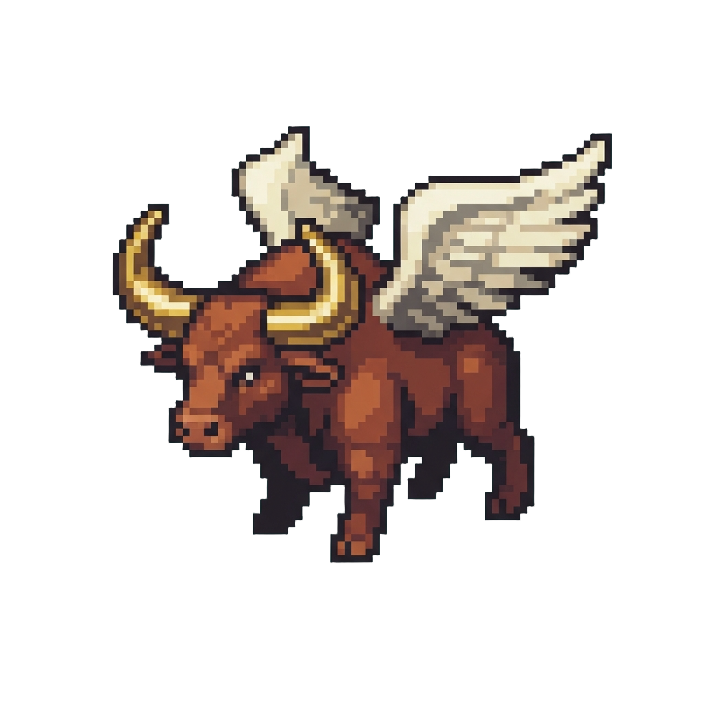 A Colossal Winged Bull with Gleaming Brass Horns and Sweeping Angelic Wings