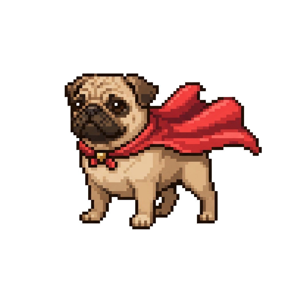 A Wrinkled Pug Snorting Bravely in a Flapping Red Satin Cape