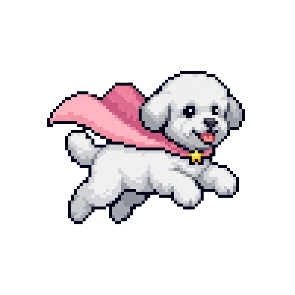 A Fluffy White Bichon Frise Zooming Through the Air in a Pastel Pink Cape
