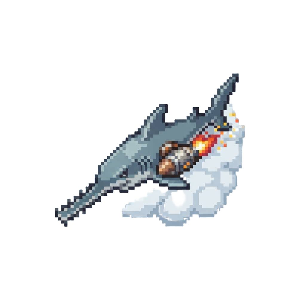 A Jagged-billed Sawshark Cutting Through the Clouds with a Sparking Rocket Engine