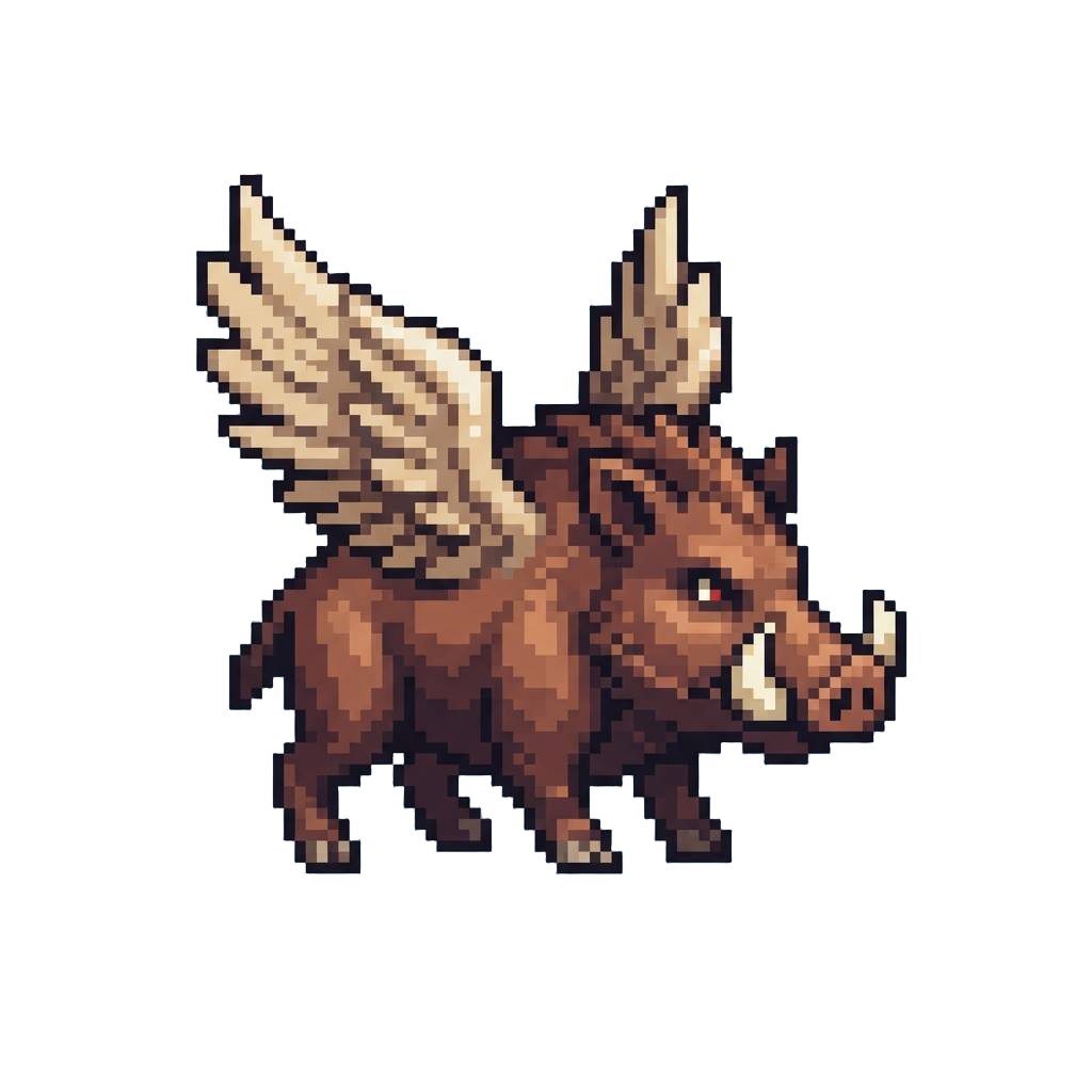 A Mighty Winged Boar with Curved Ivory Tusks and Bristling Feathered Wings