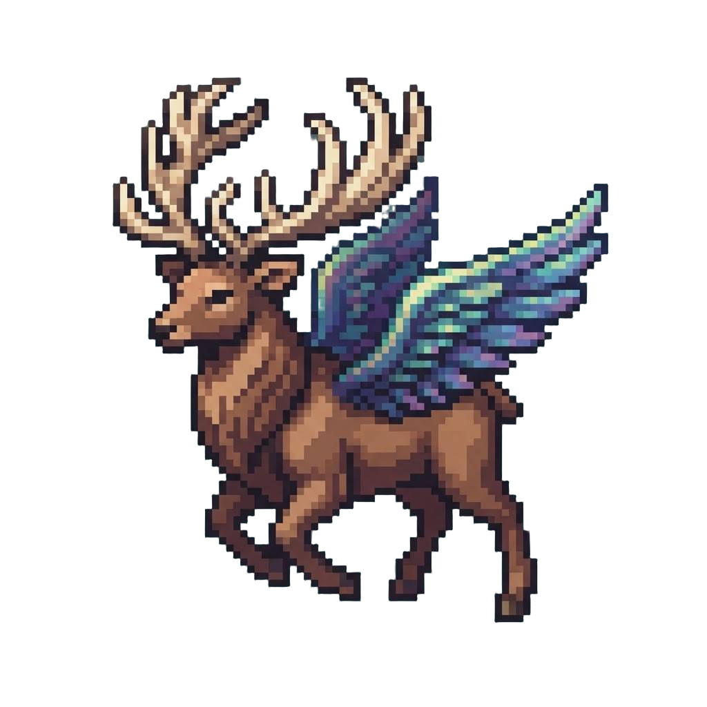 A Mystical Winged Stag with Towering Antlers and Iridescent Feathered Wings