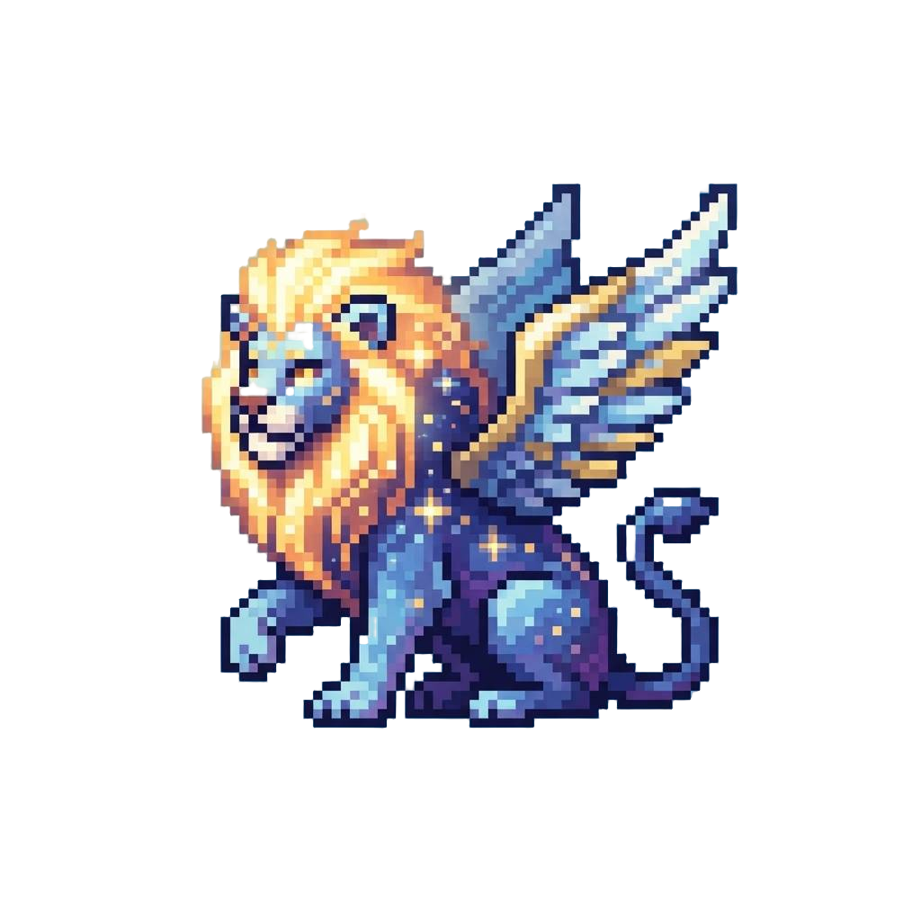 A Celestial Winged Lion with a Radiant Glowing Mane and Feather-crested Wings