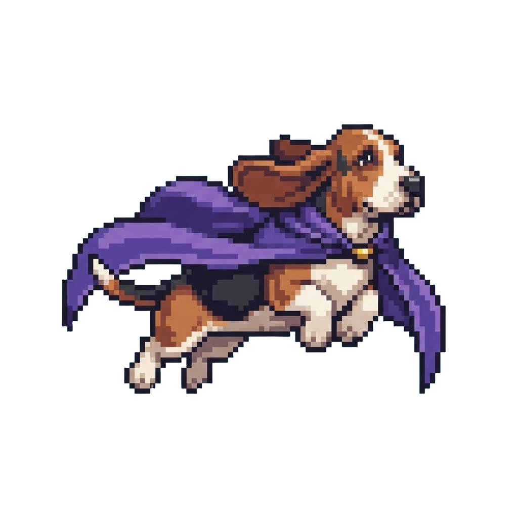 A Floppy-eared Basset Hound Soaring Majestically with an Oversized Purple Cape
