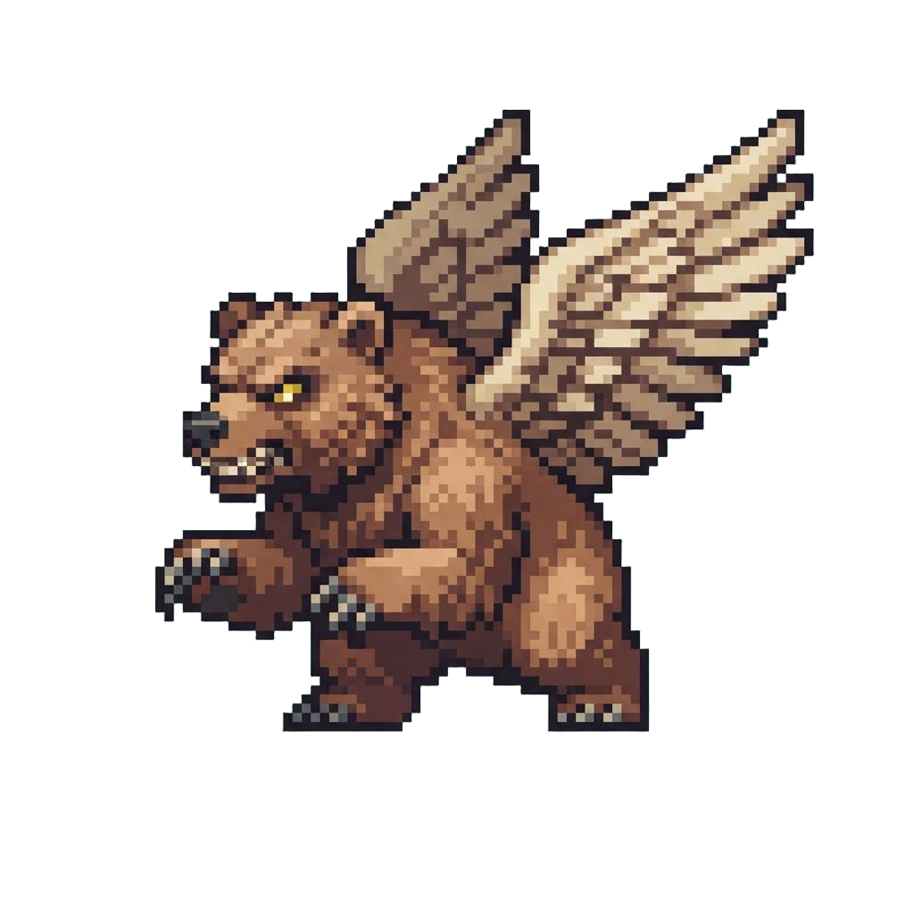 A Ferocious Winged Bear with Thick Shaggy Fur and Massive Owl-like Feathered Wings