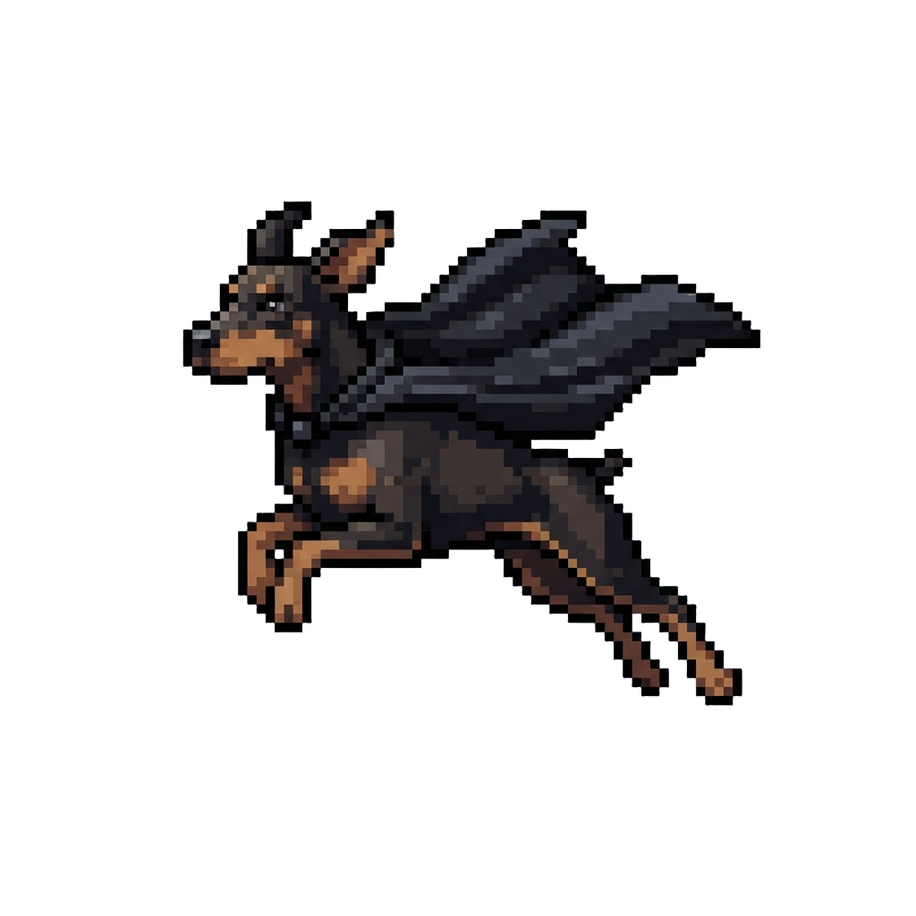 A Sleek Doberman in a Midnight-black Cape Flying at Top Speed