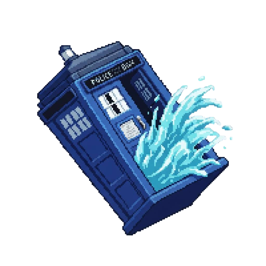 A Blue Police Box Pulse-manifesting on Its Side with the Door Swung Open, Swallowing @image1 As an Enormous Splash of Water Erupts From the Doorway