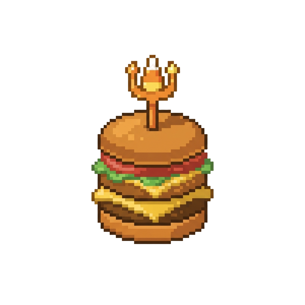 A Glowing Triple-decker Patty Crowned with a Sparkling Candy-corn Trident