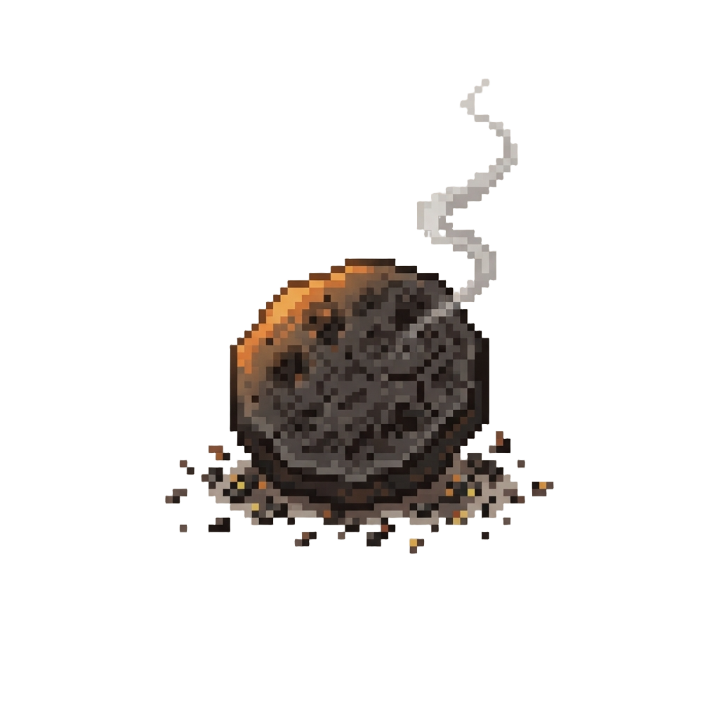 A Tiny Smoking Charcoal Wafer Surrounded by Burnt Sesame Crumbs