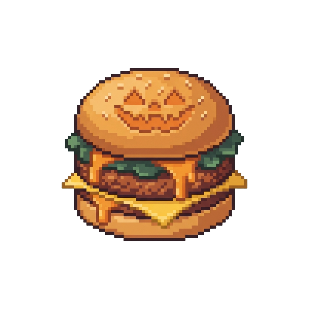 A Jack-o'-lantern-stamped Krabby Patty Dripping with Warm Orange Cheddar