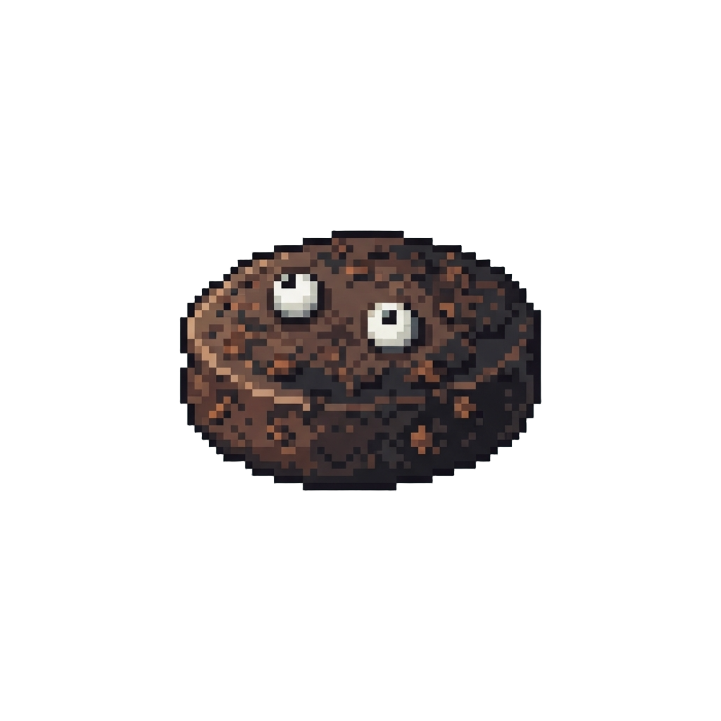 A Crispy Blackened Hockey-puck Patty Sporting Two Bewildered Candy Eyes