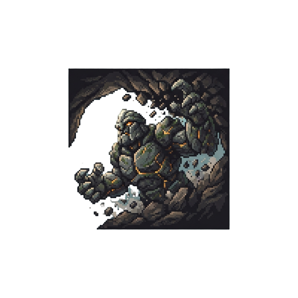 A Towering Ancient Stone Giant Breaking Through the Roof of a Dark Cavern