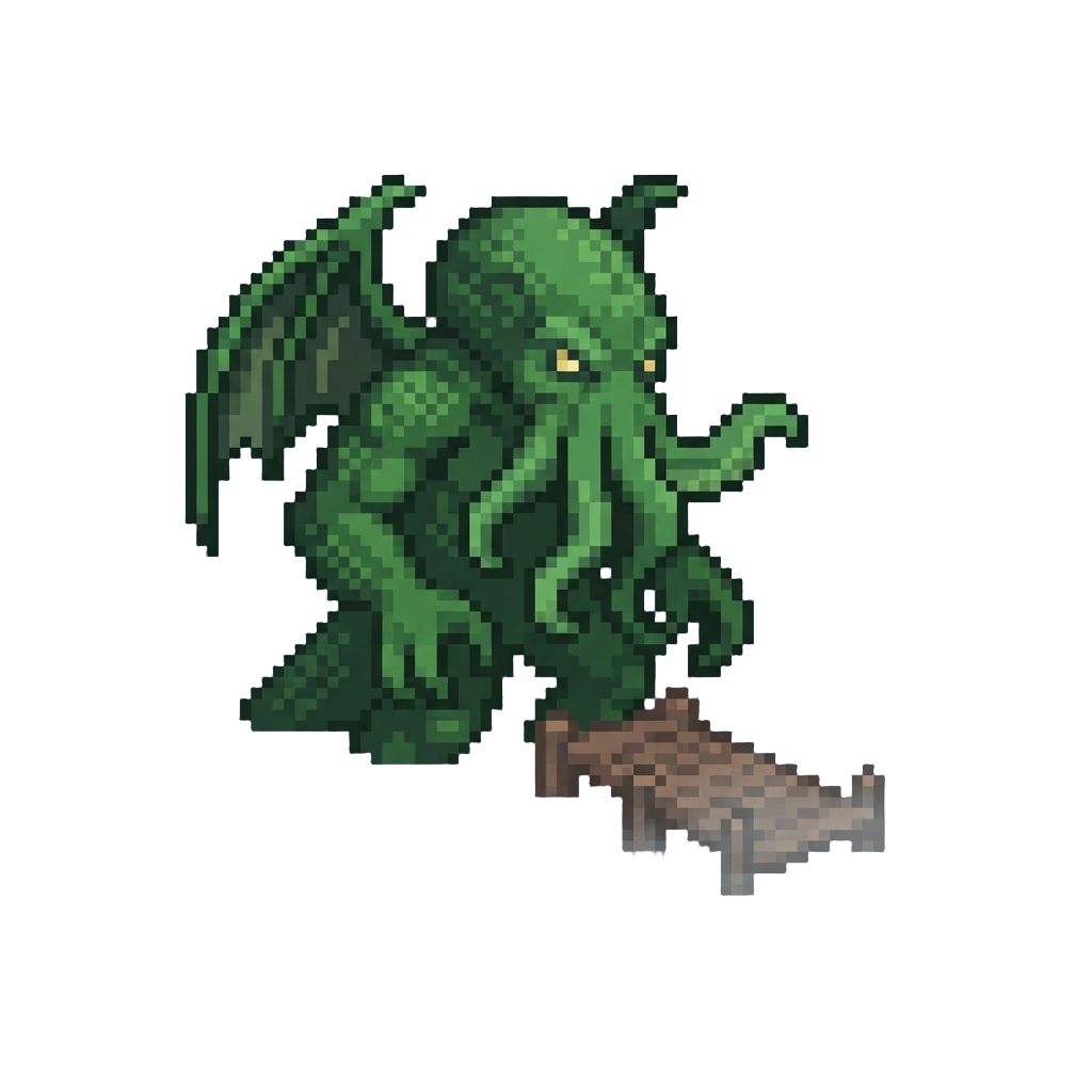 A Colossal Tentacled Cthulhu Looming Over a Misty Lake Pier