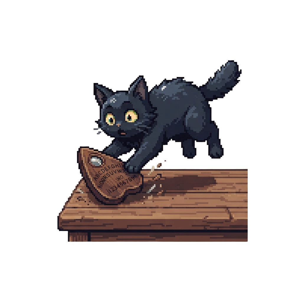 A Startled Black Cat Leaping Onto the Table and Knocking the Planchette Over
