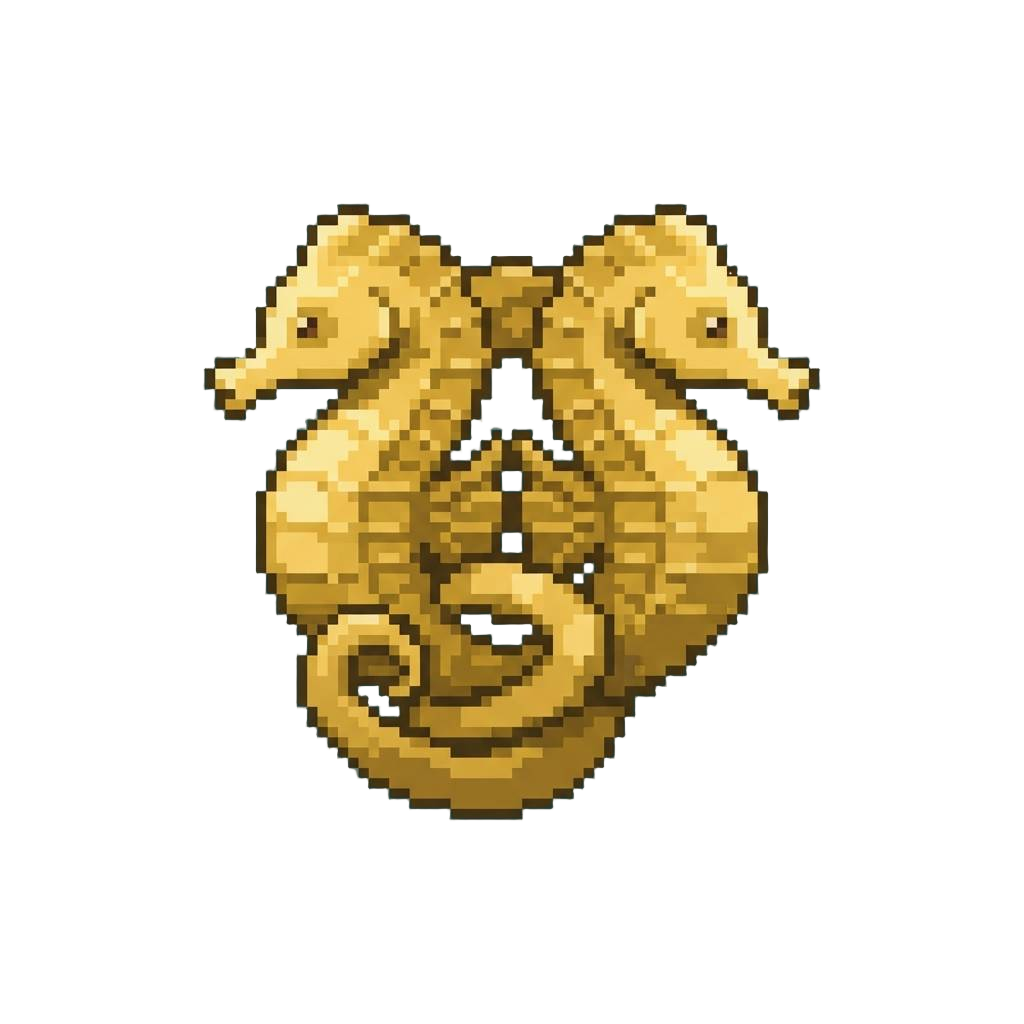 A Pair of Golden Seahorses Spiraling Together