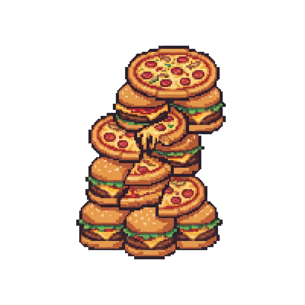 A Cascading Wall of Stacked Pizzas and Burgers