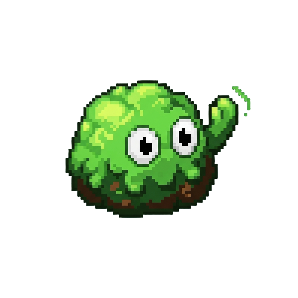 A Glowing Green Mold Puff with Big Googly Eyes Waving Hi