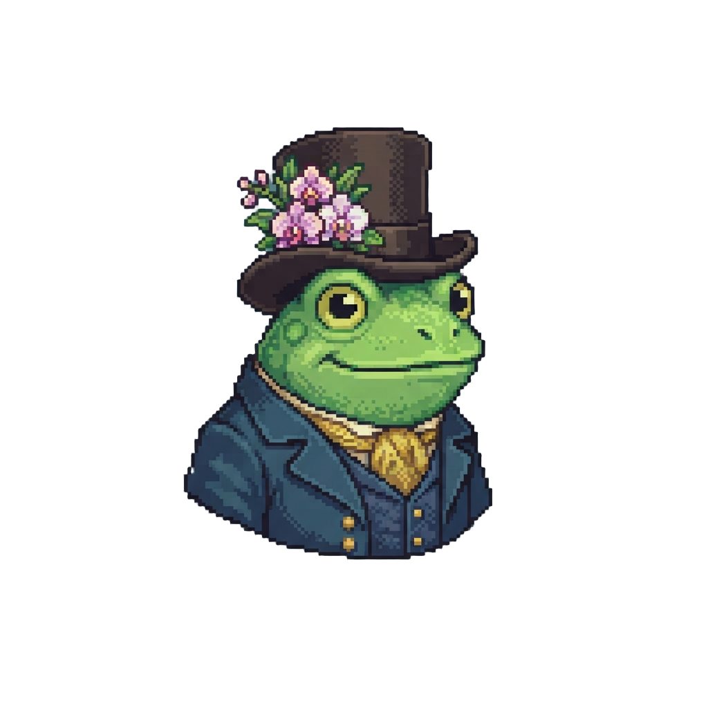 A Dapper Gentleman Frog in a Top Hat with Orchids