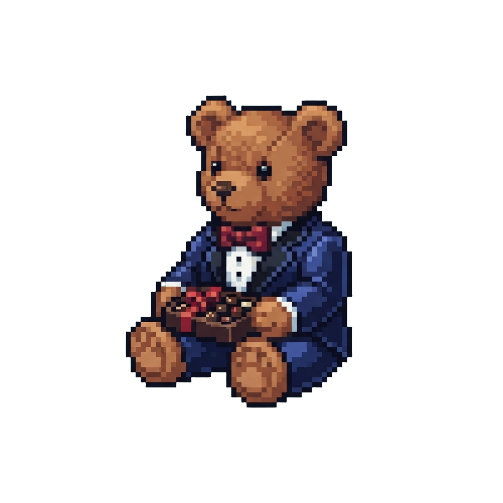 A Stylish Teddy Bear in a Velvet Tuxedo Holding Chocolates