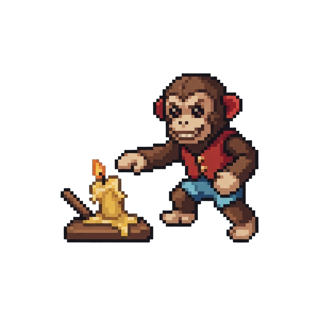 A Mischievous Toy Monkey Knocking Over the Table Candle