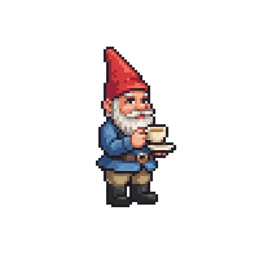 A Gentle Plastic Garden Gnome Holding a Teacup