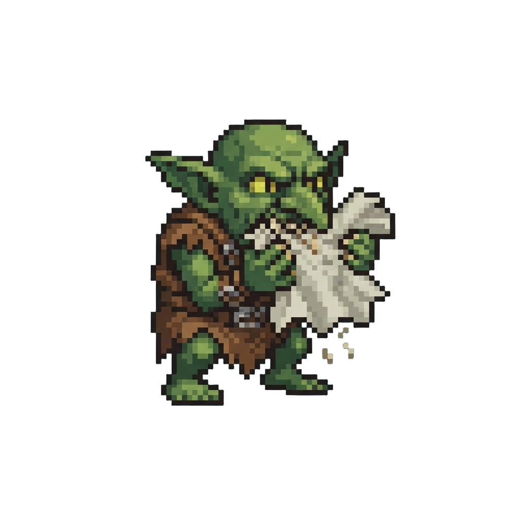 A Grumpy Miniature Goblin Munching Noisily on a Paper Napkin