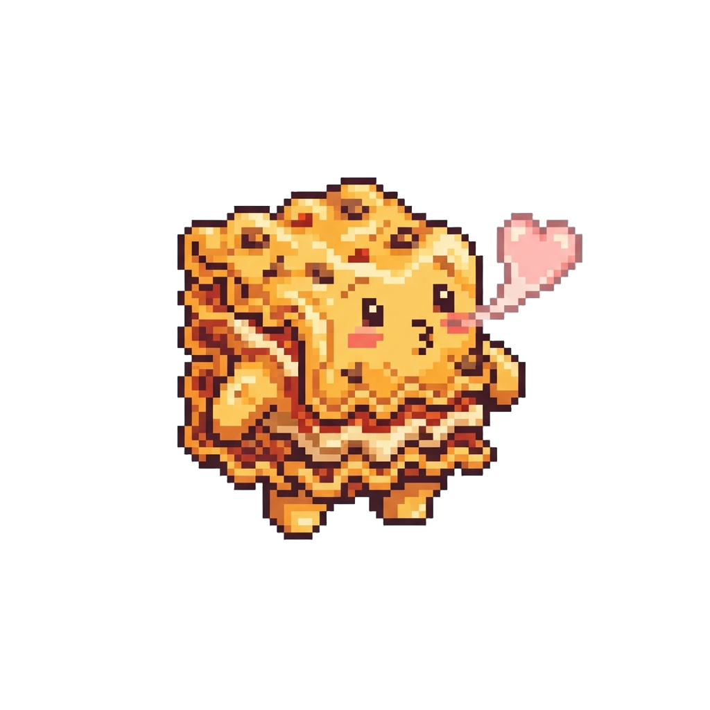 A Cute Lasagna Cheese Mascot Blowing a Heart-shaped Steam Bubble