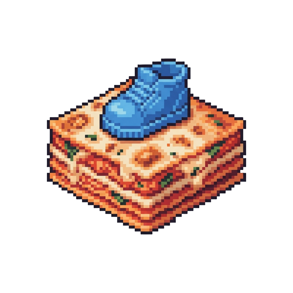 A Comical Lasagna Slice Topped with a Toy Plastic Shoe