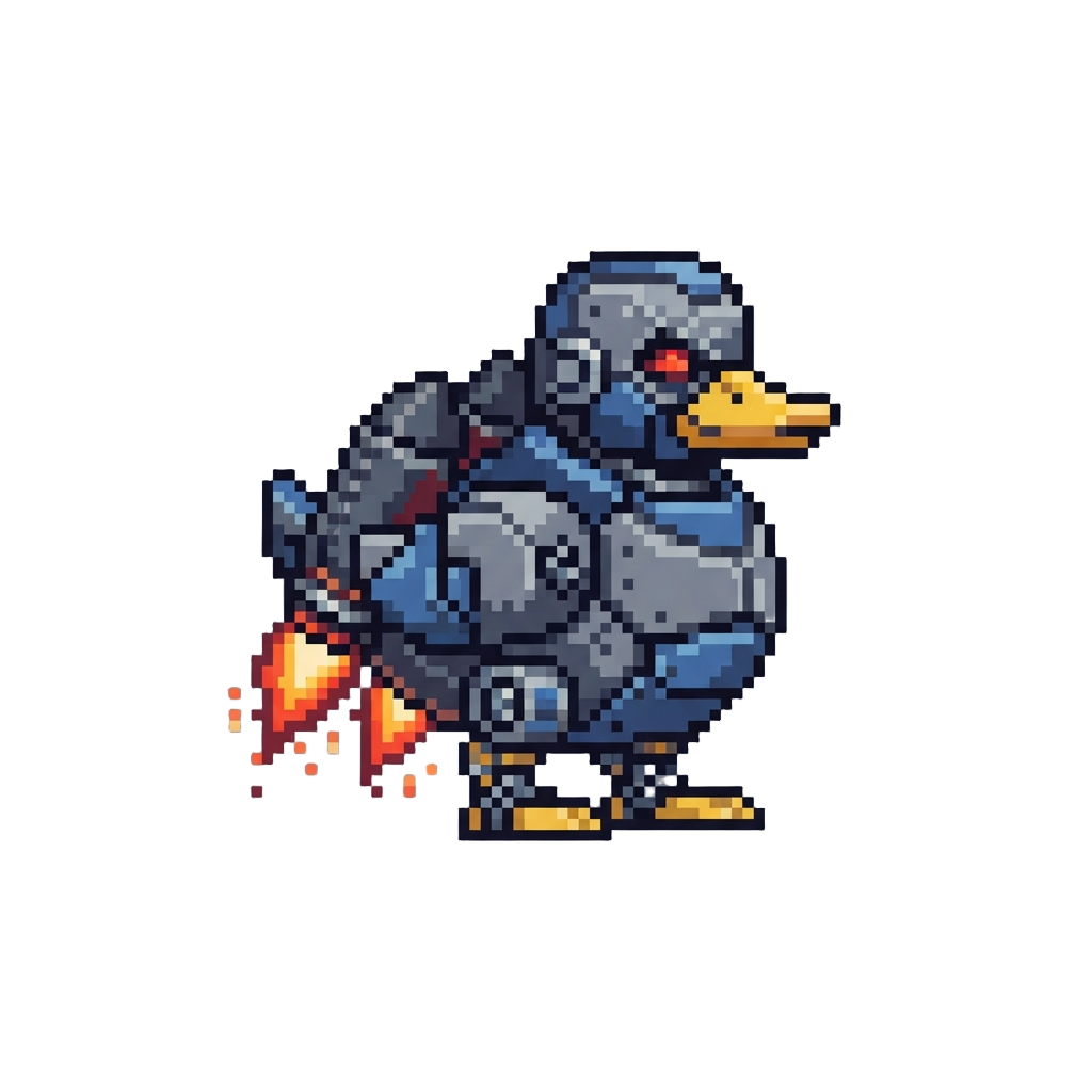 A Bulky Armor-plated Robot Duck with Rocket Boosters