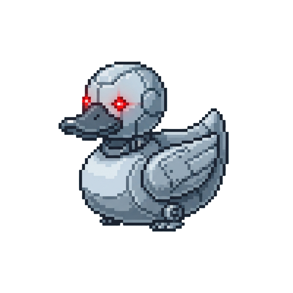 A Chrome Giant Robot Duck with Glowing Laser Eyes