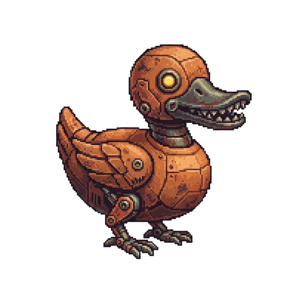 A Rusty Mega Robot Duck with Serrated Beak Teeth