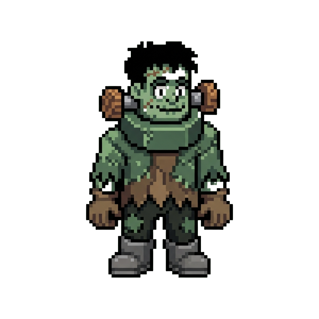 A Goofy Frankenstein Monster Suit with Wooden Neck Bolts