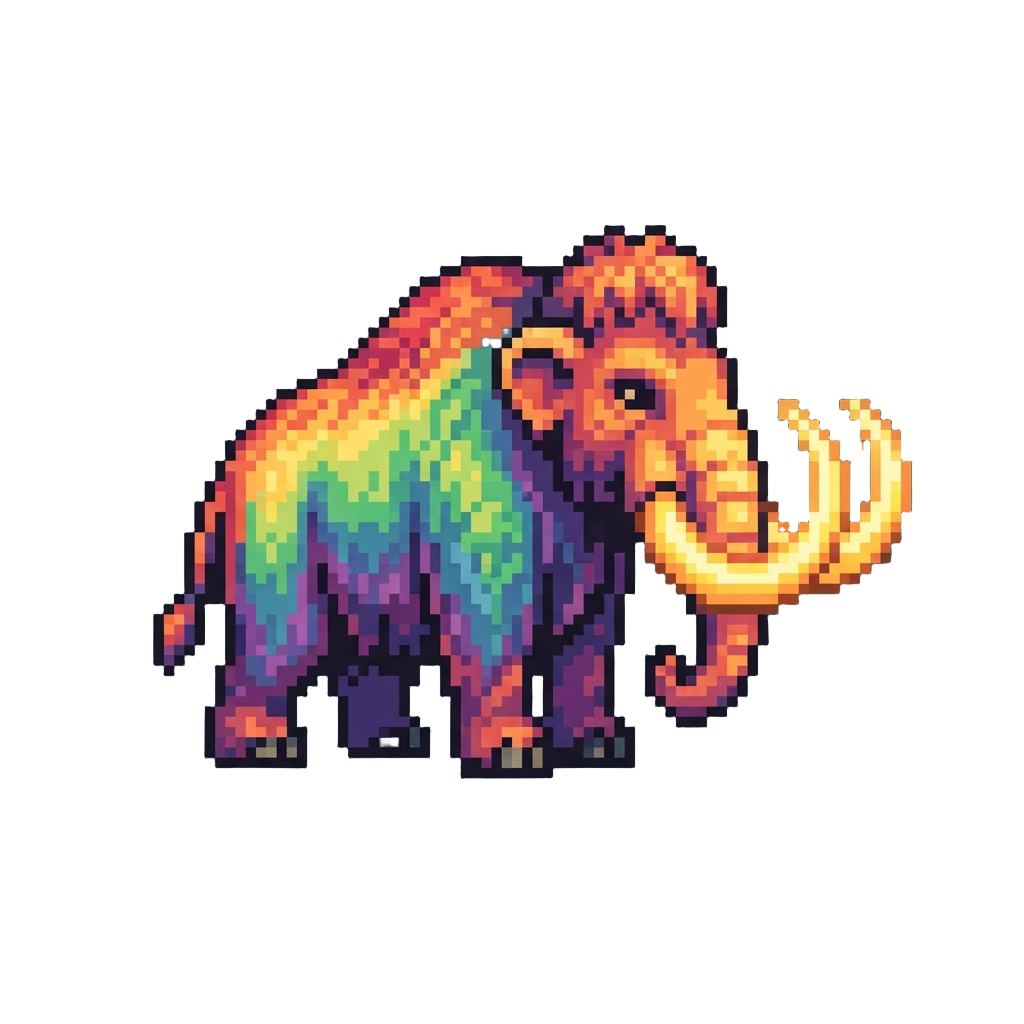 A Majestic Prismatic Rainbow Woolly Mammoth with Glowing Golden Tusks