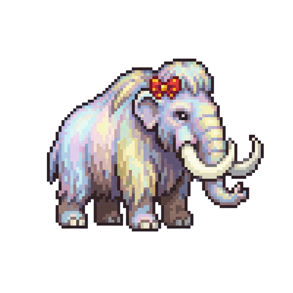 A Shimmering Pearl Rainbow Woolly Mammoth Wearing a Tiny Bow