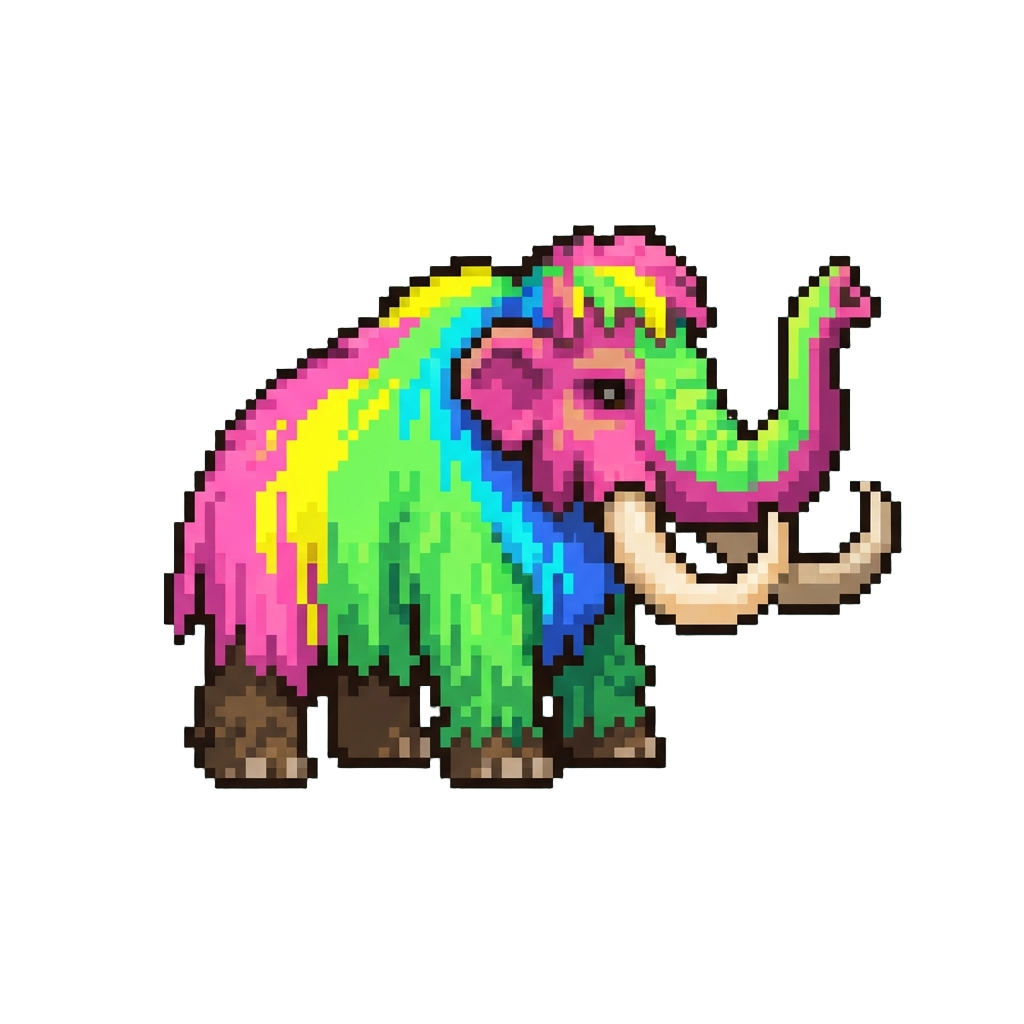 A Bright Neon-striped Rainbow Woolly Mammoth Waving Its Trunk