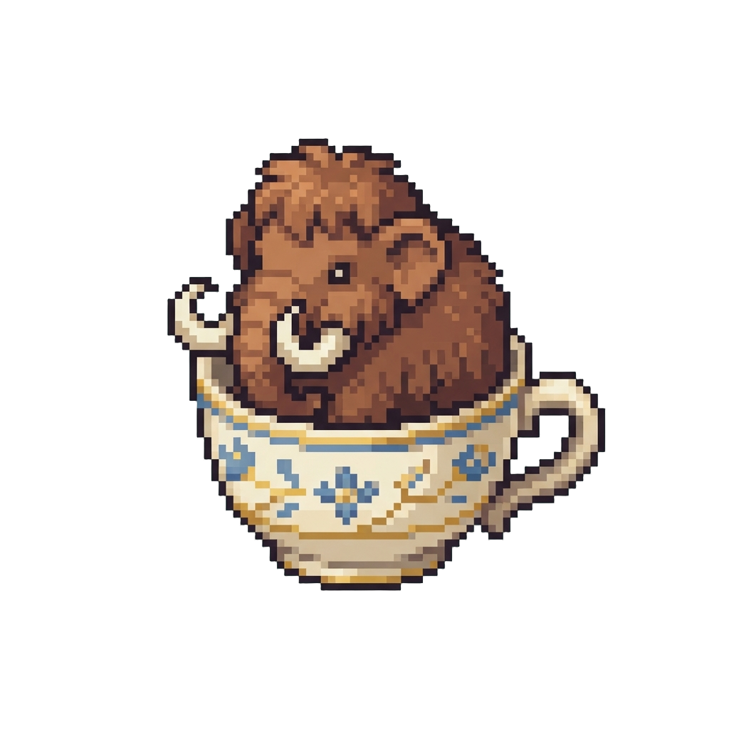 A Pocket-sized Woolly Mammoth Sitting Inside a Cartoon Teacup