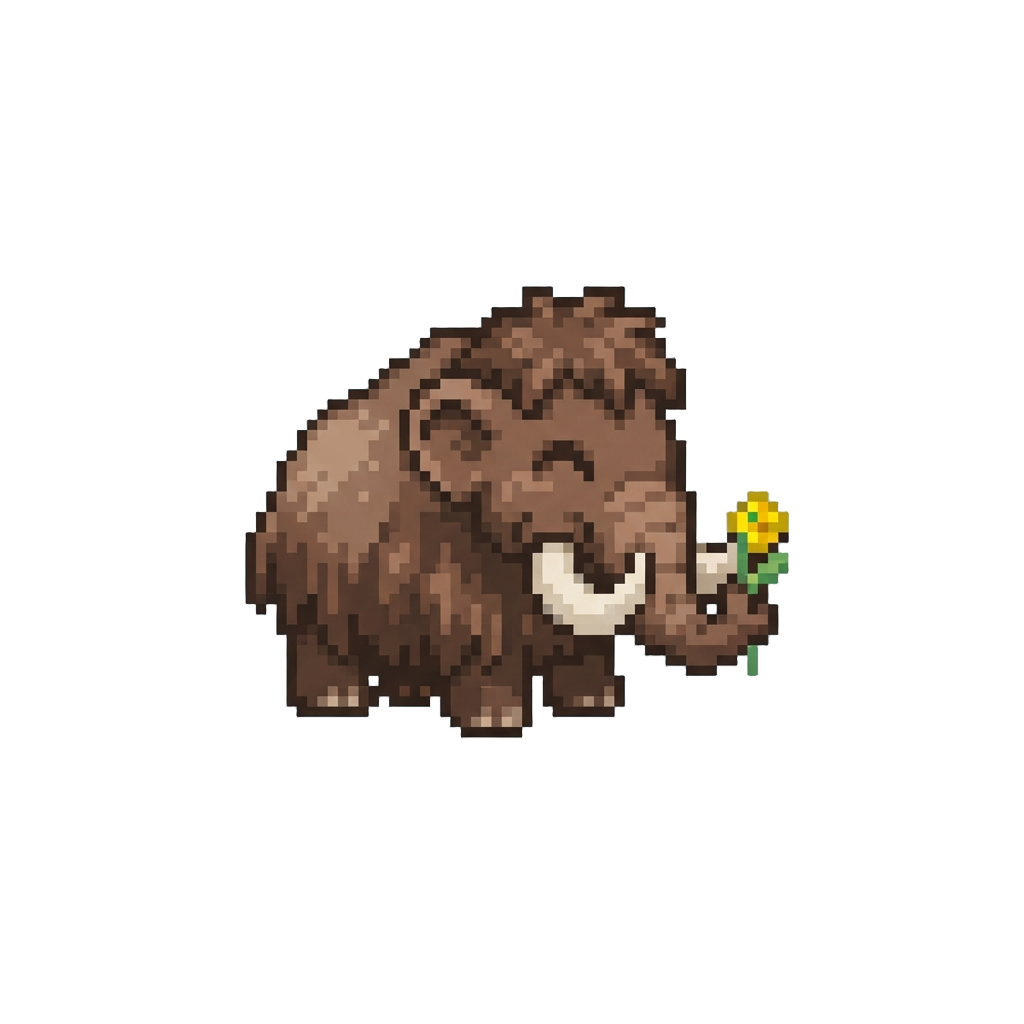 A Furry Woolly Mammoth Happily Munching a Tiny Cartoon Flower