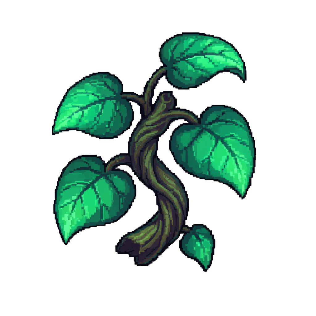 A Thick Twisted Vine with Giant Glowing Emerald Leaves