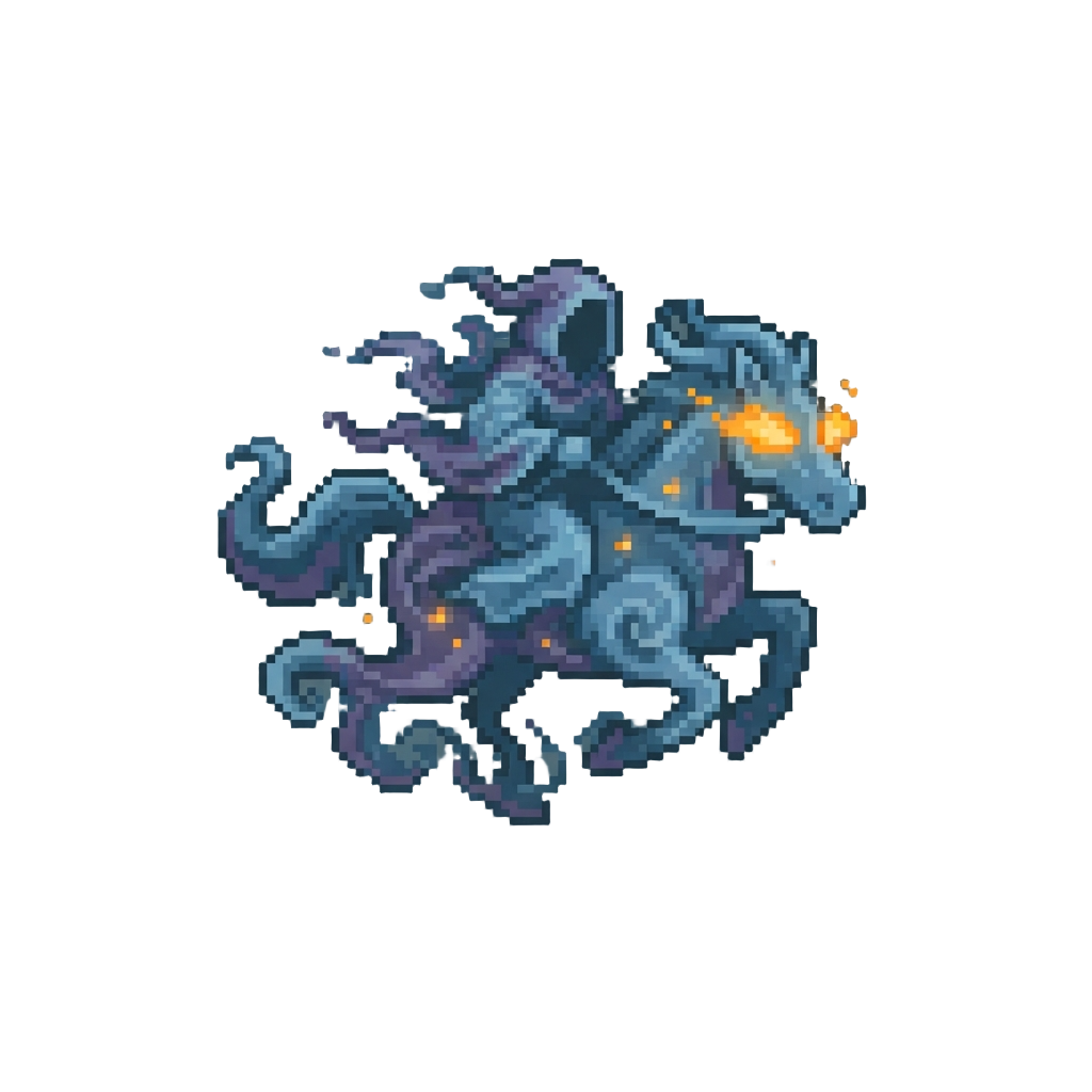 A Swirling Vapor Horseman with Glowing Orange Cloud Eyes