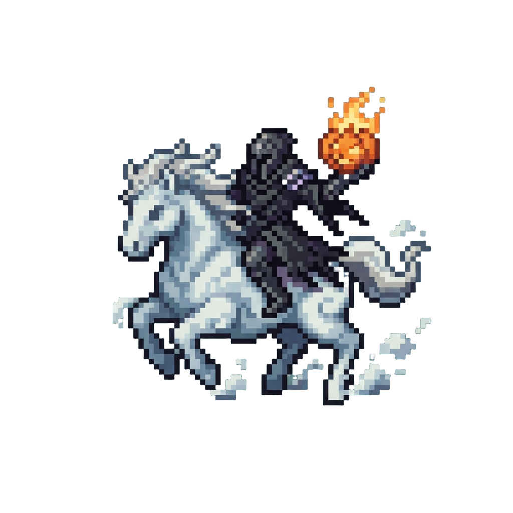 A Shadowy Rider Atop a Charging Cloud Steed Carrying a Burning Pumpkin