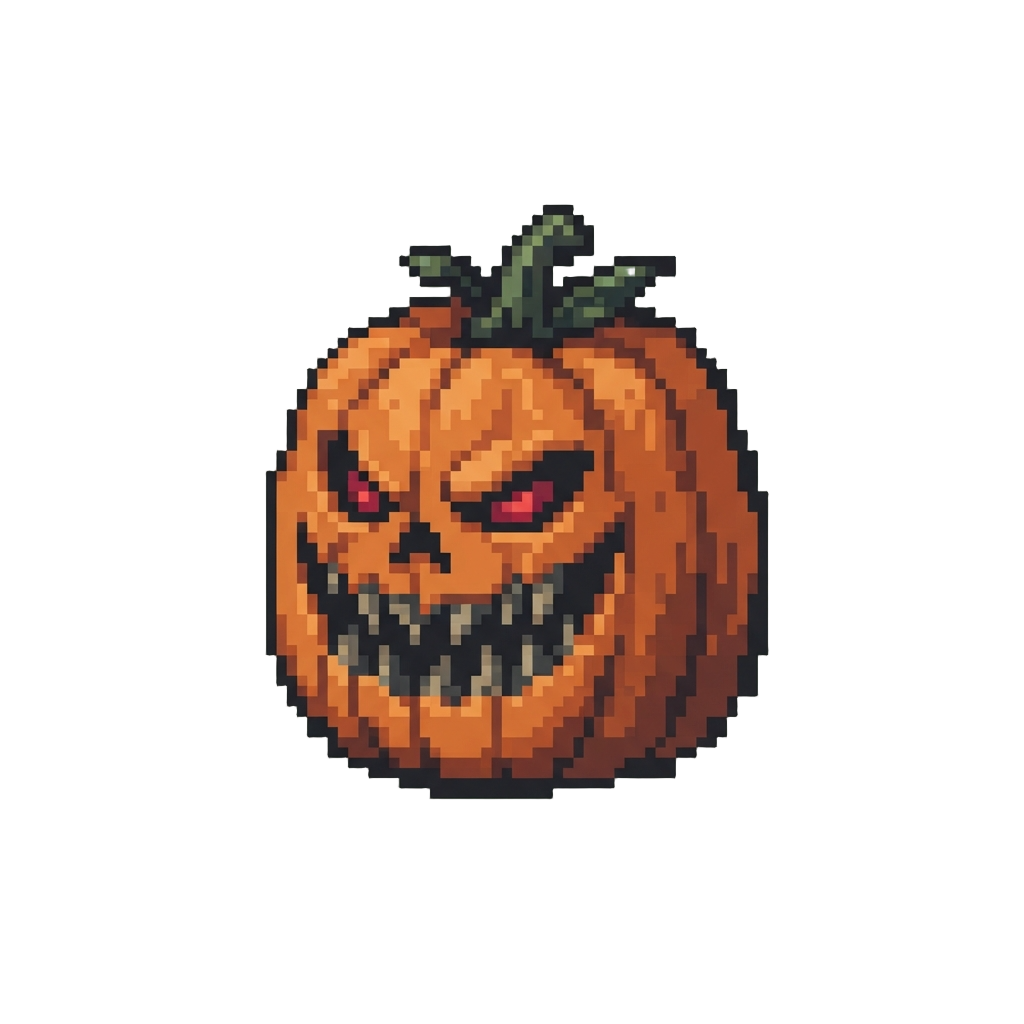 A Towering Jack-o'-lantern Monster with Jagged Razor Teeth and Glowing Crimson Eyes