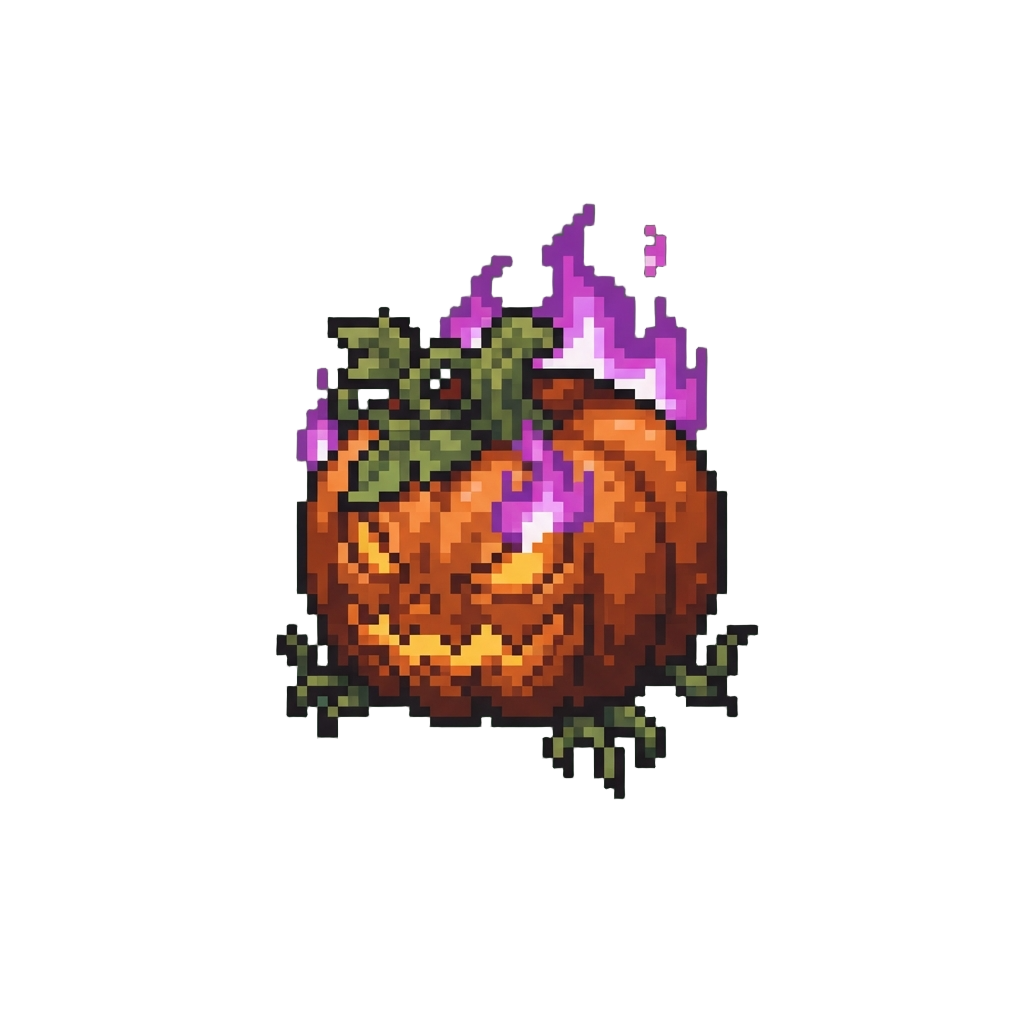 A Wild Pumpkin Mutant with Flickering Purple Flames