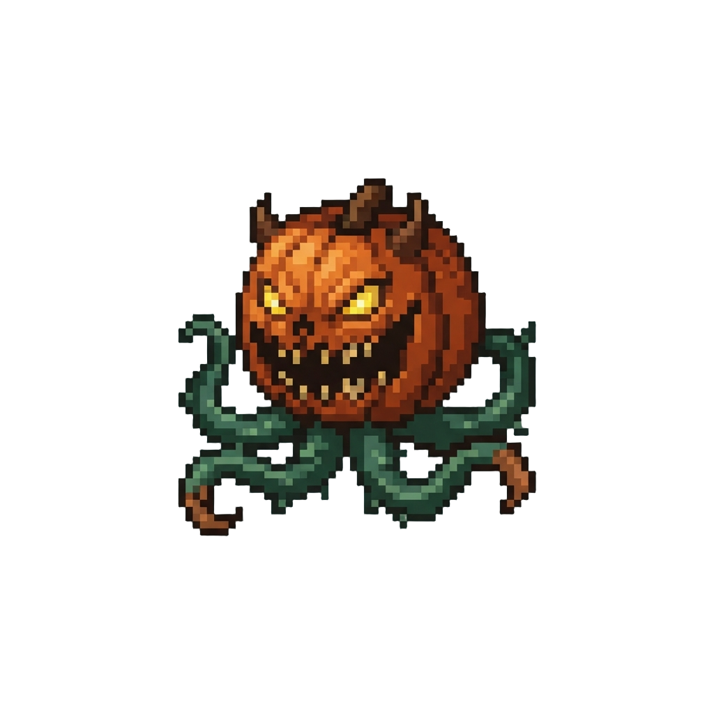 A Demonic Pumpkin Beast with Vine Tentacles and a Shadowy Gaping Maw