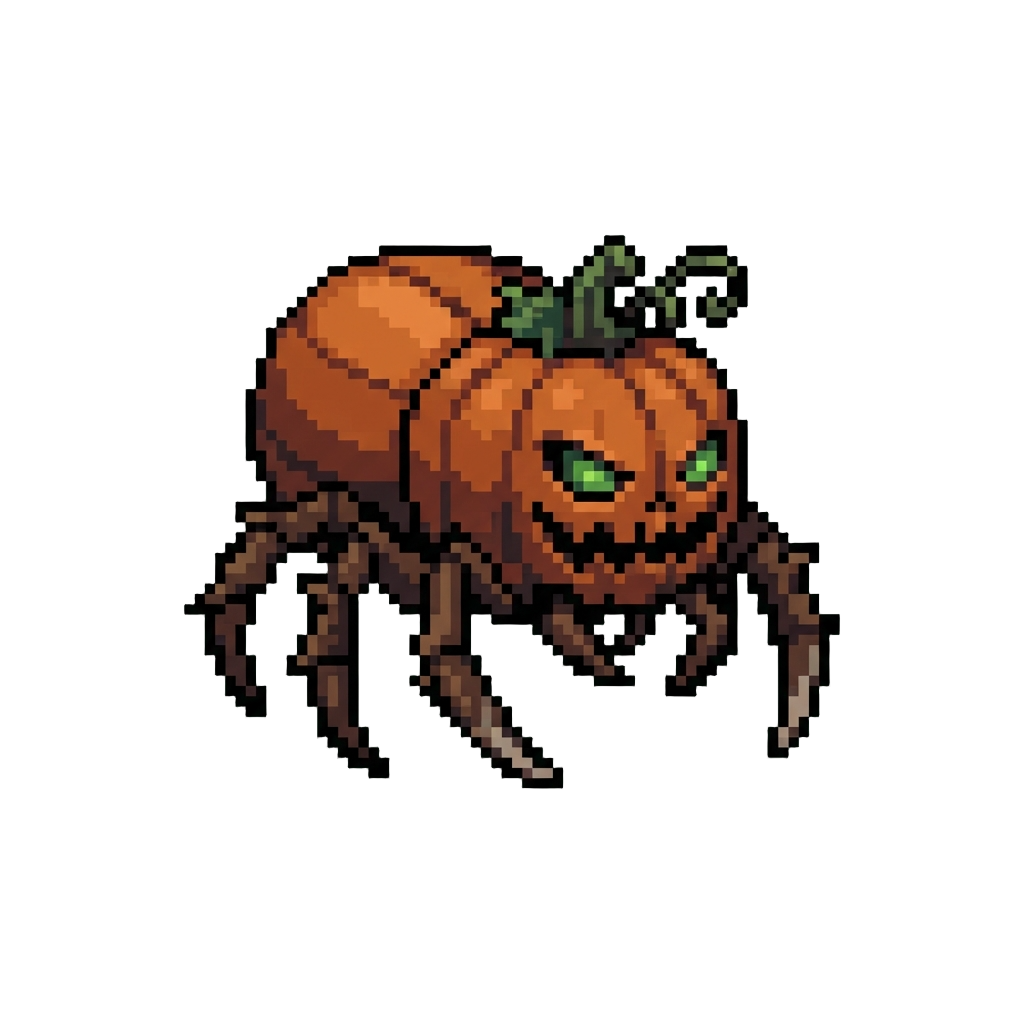 A Sinister Pumpkin Spider Monster with Glowing Green Eyes