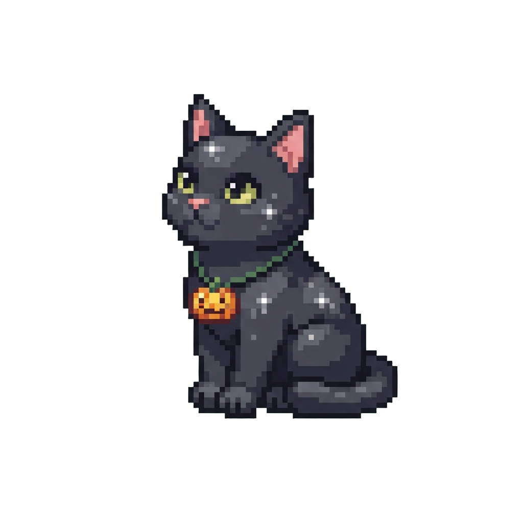 A Sparkly Black Kitten Wearing a Miniature Pumpkin Pendant